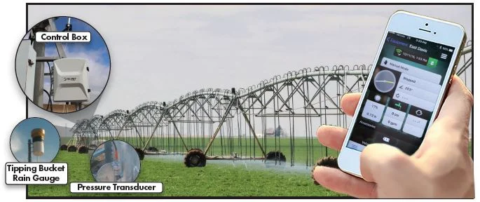 Telemetry systems, like FieldNet, are typically equipped with a control box, a tipping bucket rain gauge and a series of pressure transducers. The control box is the communication hub. It receives information from the other system components and transmits this information to the user’s phone or computer. In turn, the user can control the pivot from these devices, which helps conserve water, time and resources.