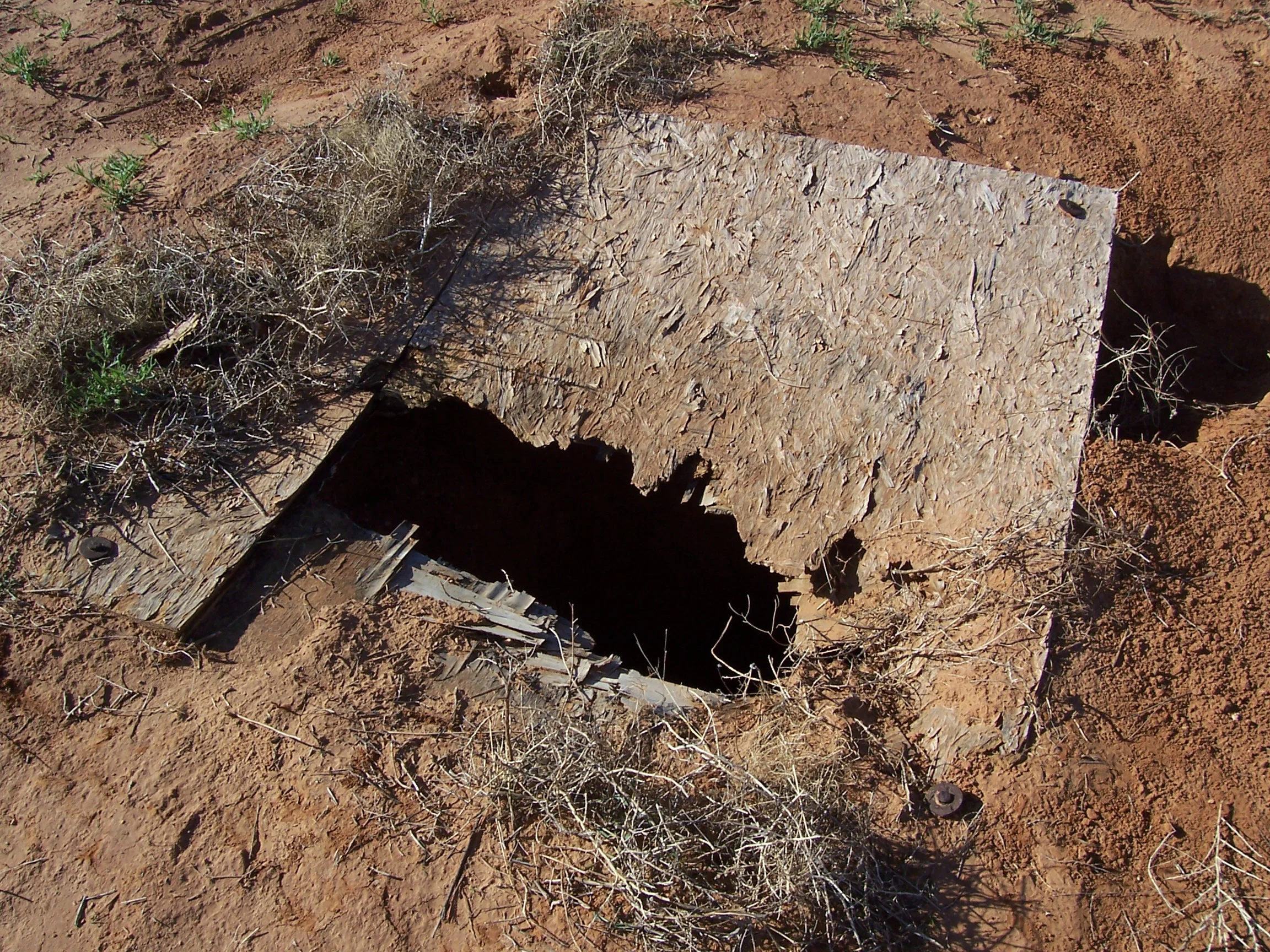 CRUMBLING PARTICLE BOARD COVERS THIS OPEN ABANDONED WELL. THE DEPTH-TO-WATER WAS MEASURED AT 100 FEET AT THE TIME THE WELL WAS DISCOVERED. (hpwd FILE PHOTO)