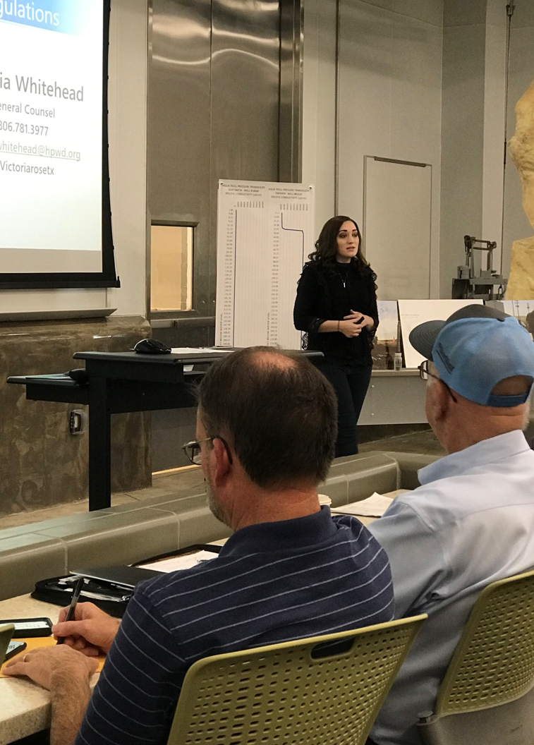 HPWD General Counsel Victoria Whitehead gives an overview of brackish groundwater law and policies in Texas. More than 40 persons attended the Dec. 5 informational meeting at Canyon. (Photo courtesy of Dr. Dana Porter)