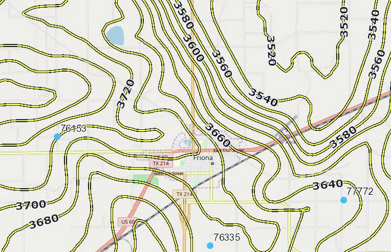 The elevation of the base of the Ogallala Aquifer (2019) in Parmer County is shown in this screen shot from the atlas feature of the HPWD interactive map. The blue dots are locations of privately-owned water wells used for annual water level measurements.