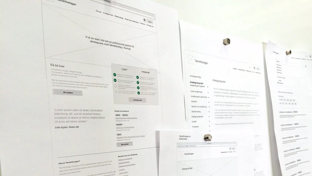 Wireframes on wall for discussion