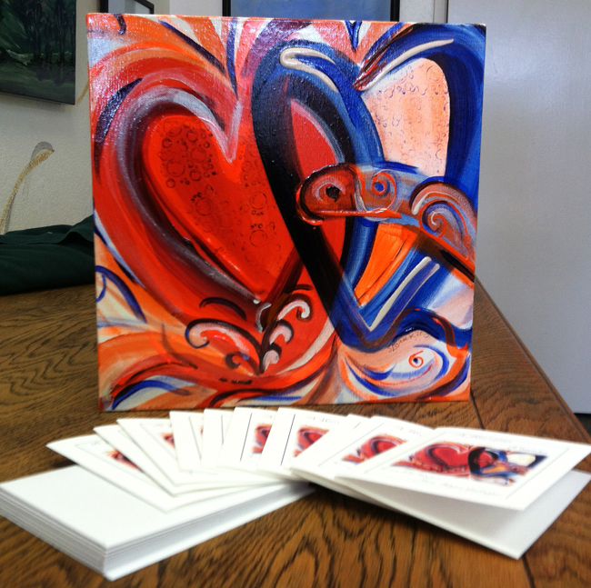 12x12 inch acrylic on gallery wrapped canvas, Bridal Color hearts painted on it, with 10 Thank you notes with image printed on them.