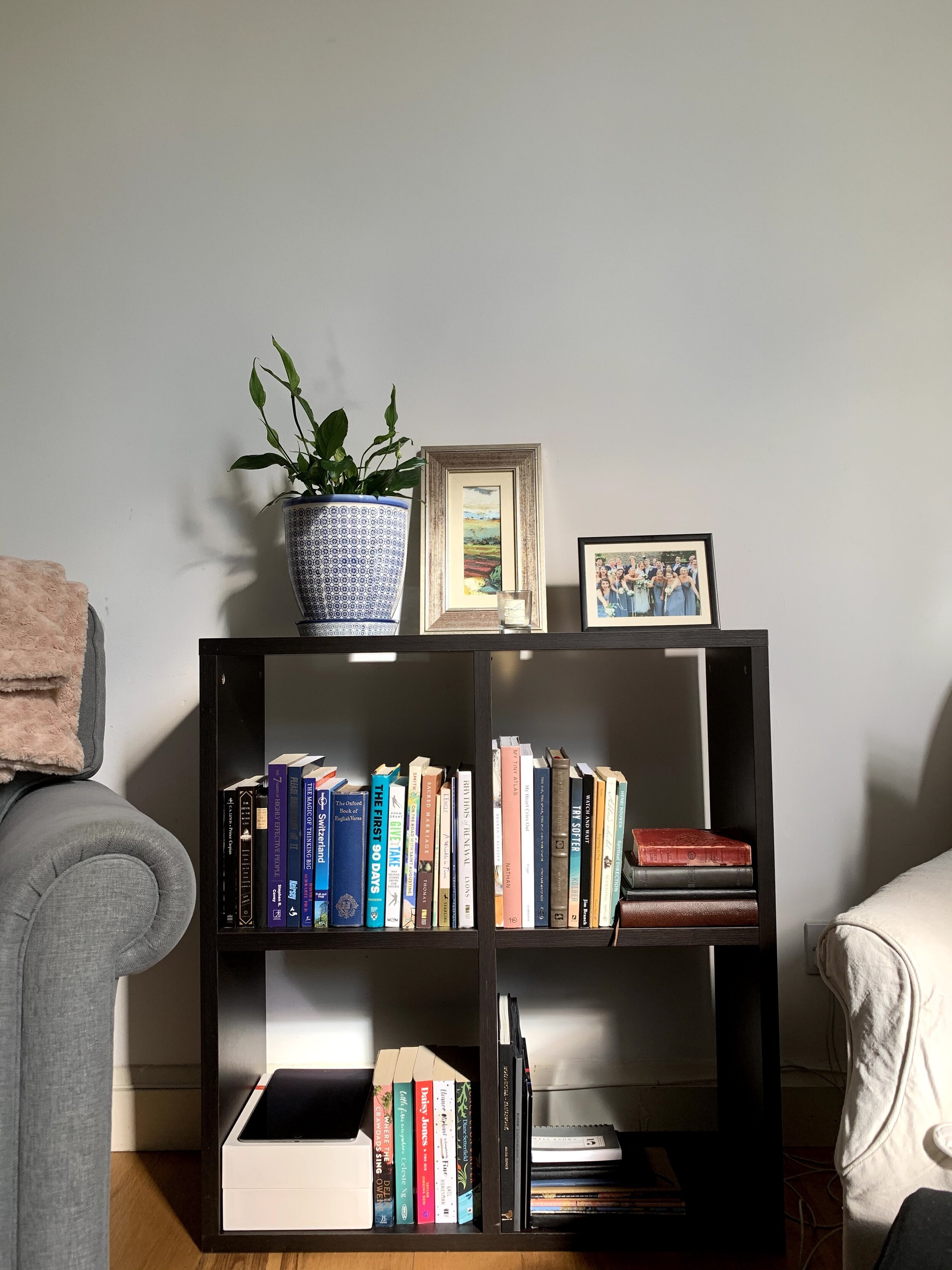 bookshelf in between armchairs