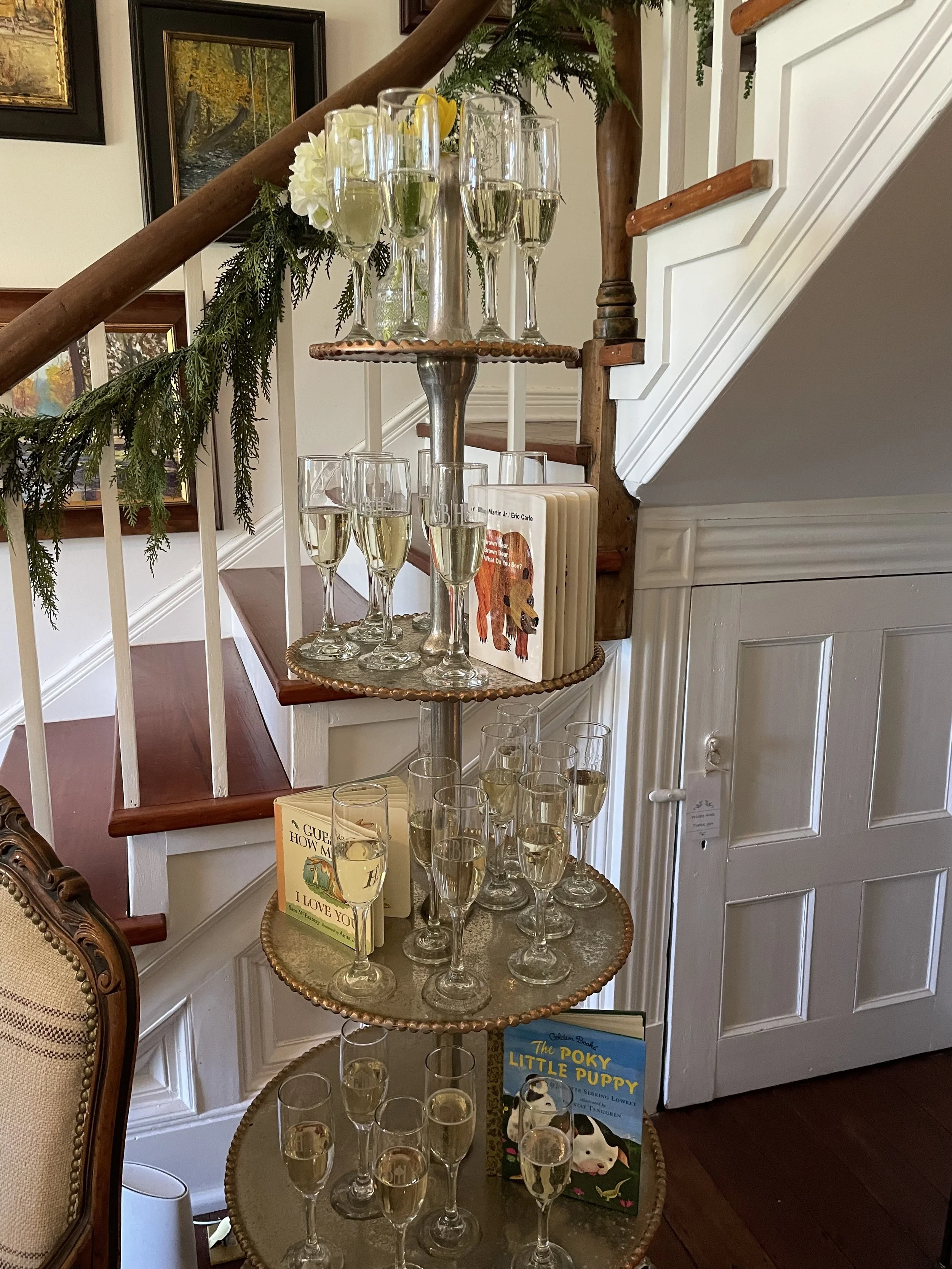 The CUTEST champagne tower for a storybook sip &amp; see to celebrate a mama and her baby boy with friends! 