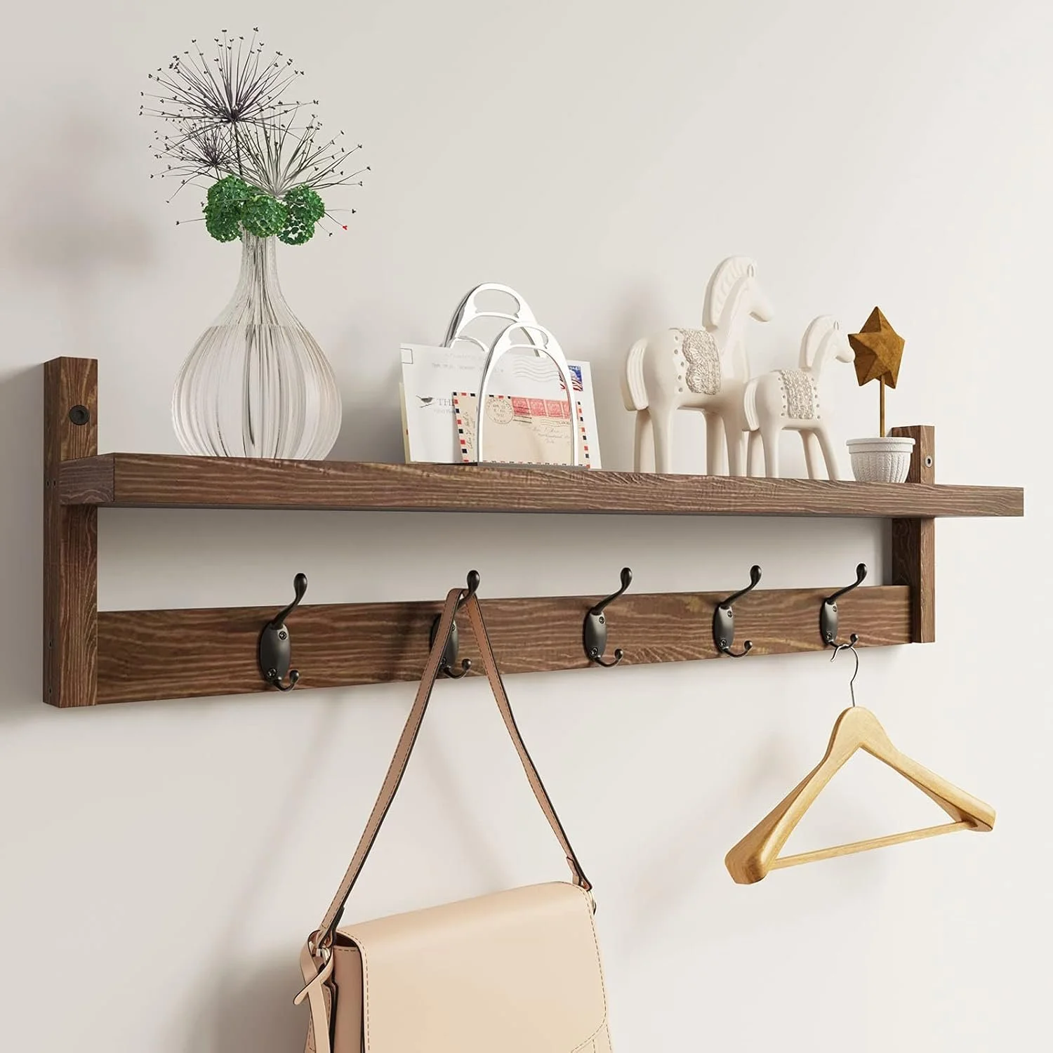 Wood Shelf with Hooks