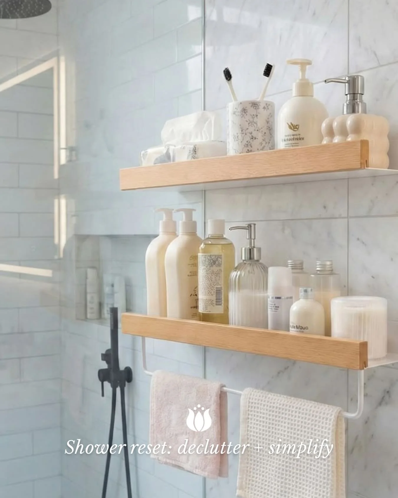 A quick shower reset can make your routine feel so much easier!

A few simple tips:
- Toss empty or old products
- Keep only what you use daily within easy reach
- Use a caddy or shelves to maximize space
- Group similar items together (hair, body, s