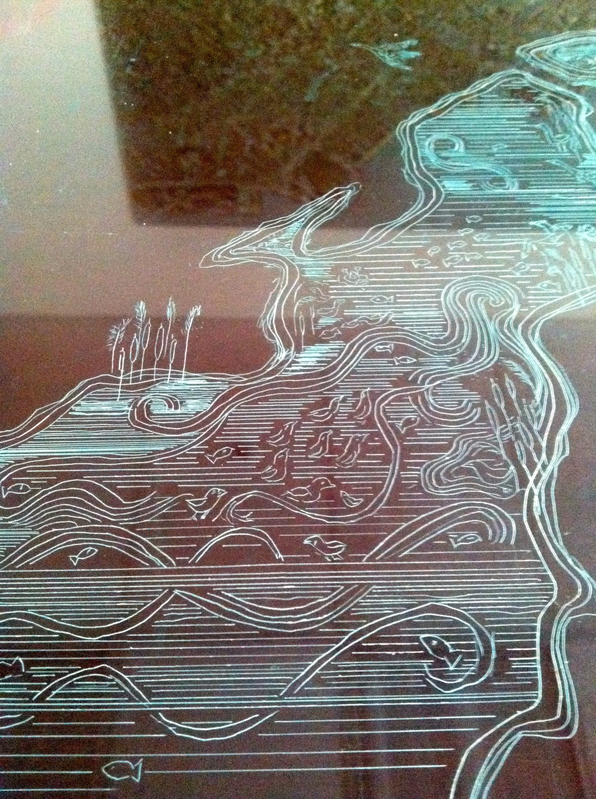 This part represents Crystal Springs Reservoir. I included pollen blowing in the wind over the lake, native cat tail plants, fish and birds that frequent the lake.