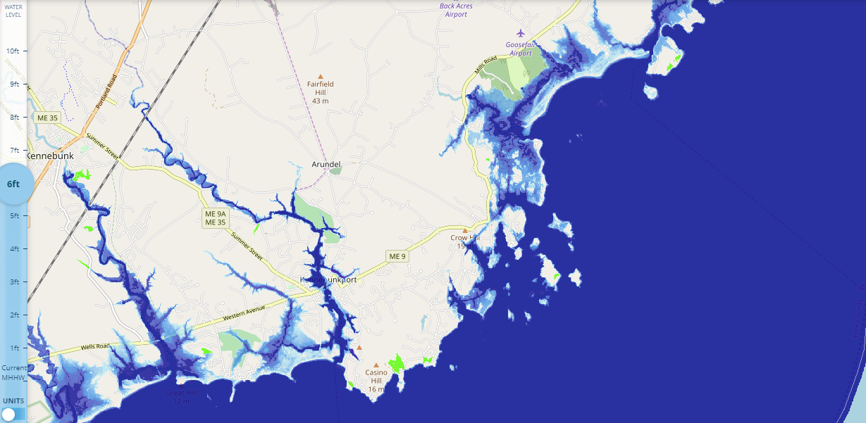 Impact of predicted 6 foot sea level rise in Cape Porpoise and Kennebunkport.