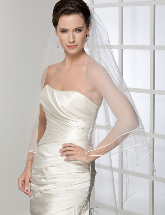 Bel Aire Wedding Veils V7415C - 2-tier foldover veil (elbow + cathedral)  with folded ribbon edge.