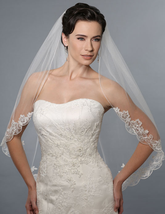 Bel Aire Bridal Veils V7240- One Tier Fingertip Veil with Beaded Venise Lace