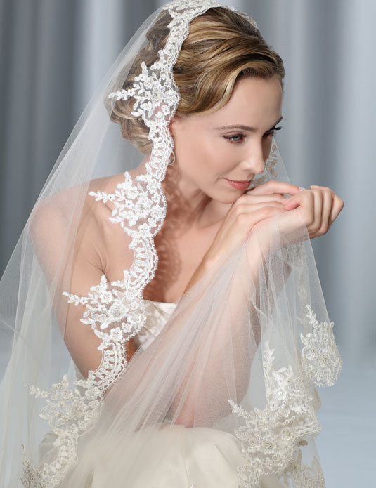 Bel Aire Bridal Veils V7503C Cut edge cathedral veil with crystals, pearls,  and beads