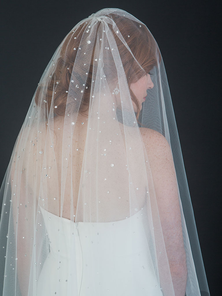 Bel Aire Wedding Veils V7415C - 2-tier foldover veil (elbow + cathedral)  with folded ribbon edge.