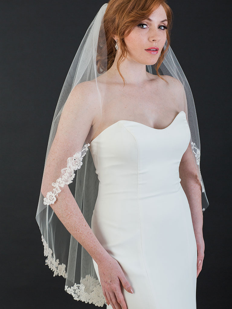 Bel Aire Bridal Veils V7240- One Tier Fingertip Veil with Beaded Venise Lace