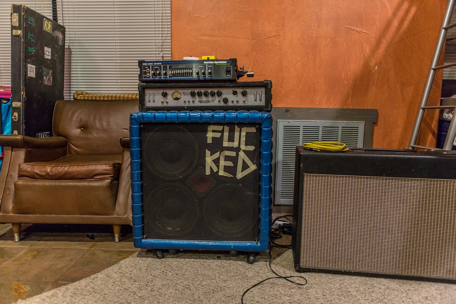 An amp in Borrisokane's practice space in South Austin.