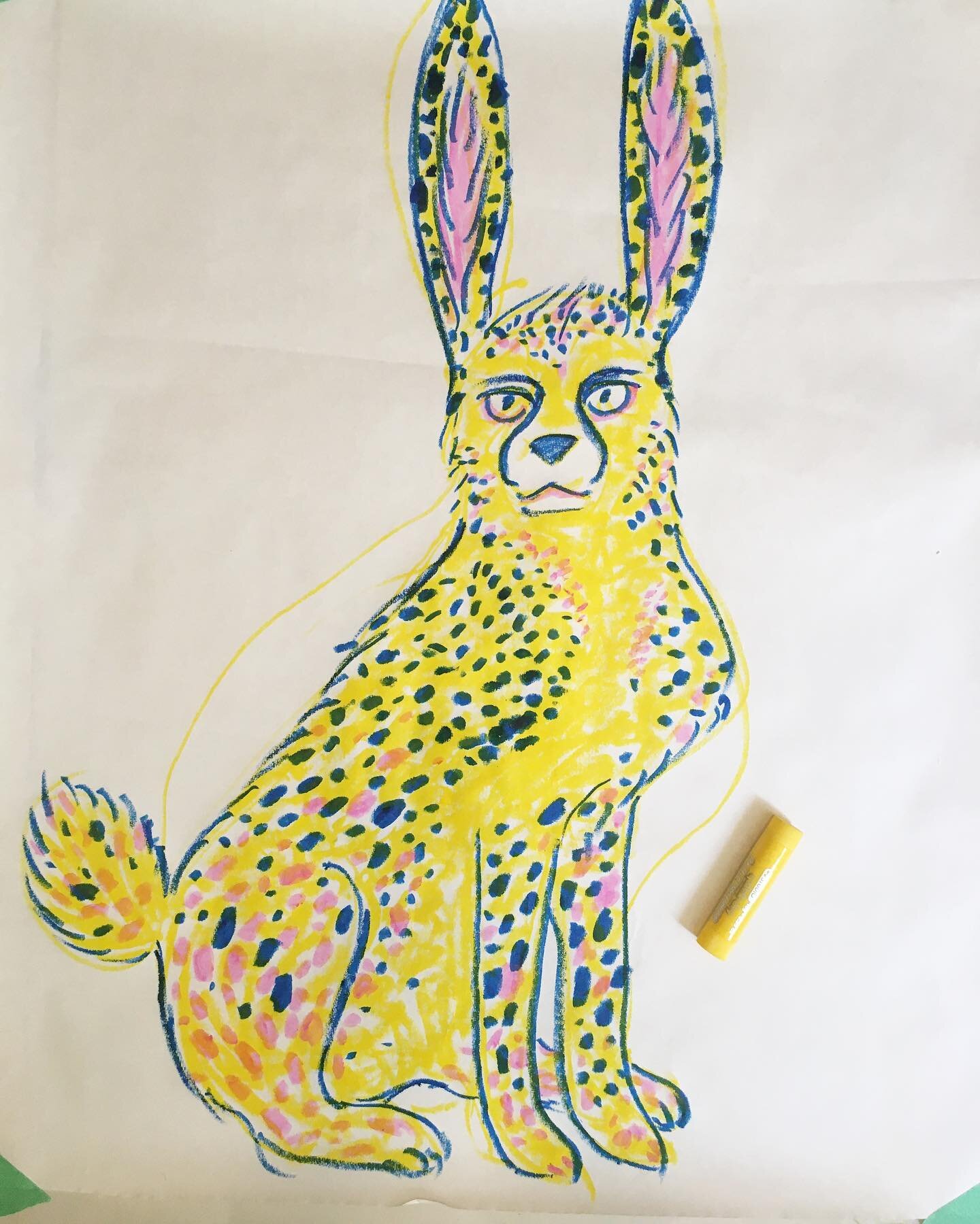 Rabbeetah! Or chabbit? For this magic animal I was thinking about combining my kids&rsquo; favourite animals into one super critter. 1. Looked at some images of rabbits and cheetahs. 2. Drew my outline with yellow paint marker since it&rsquo;s easy t