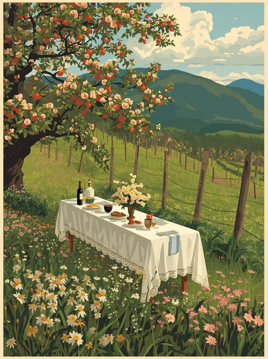 A picnic table set with wine, bread, flowers, and plates under a large flowering tree in a lush vineyard with rolling hills and mountains in the background.