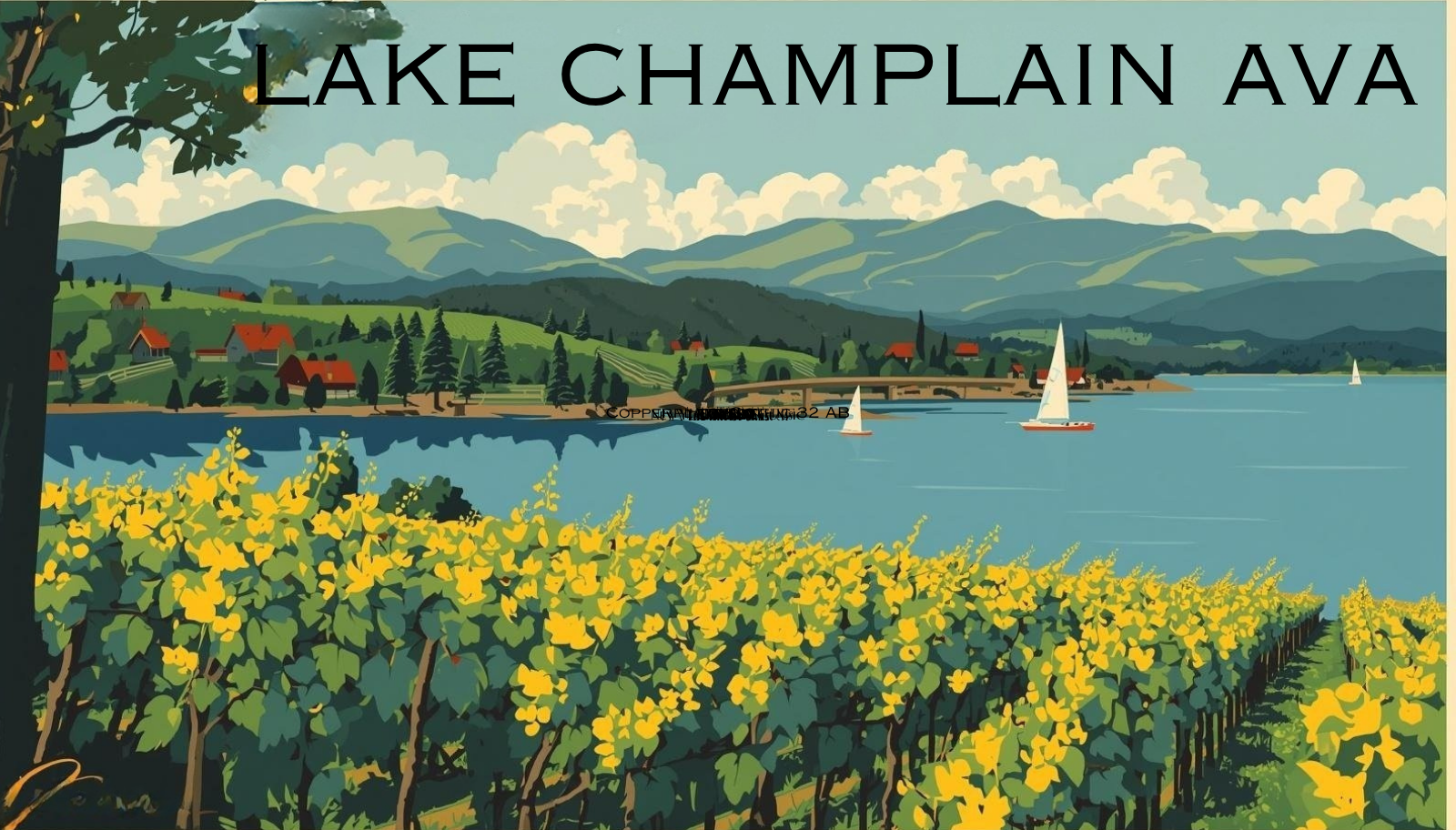 Illustration of Lake Champlain with sailboats, surrounded by green hills, a bridge, and vineyards in the foreground, under a partly cloudy sky.