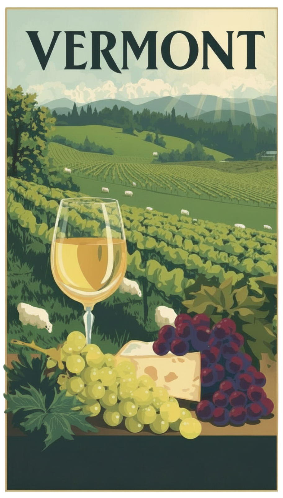 A scenic illustration of Vermont vineyards with rolling hills and mountains in the background, featuring a glass of white wine, green and purple grapes, and a wedge of cheese in the foreground.