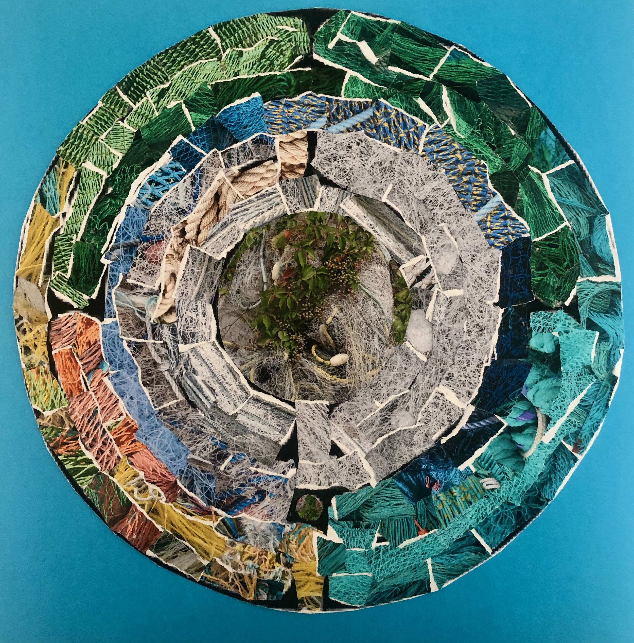 Labyrinth 1  Torn photos of fishing nets   2019  **All photos I used throughout this gallery are my own.  Diameter of all labyrinths is 11".  