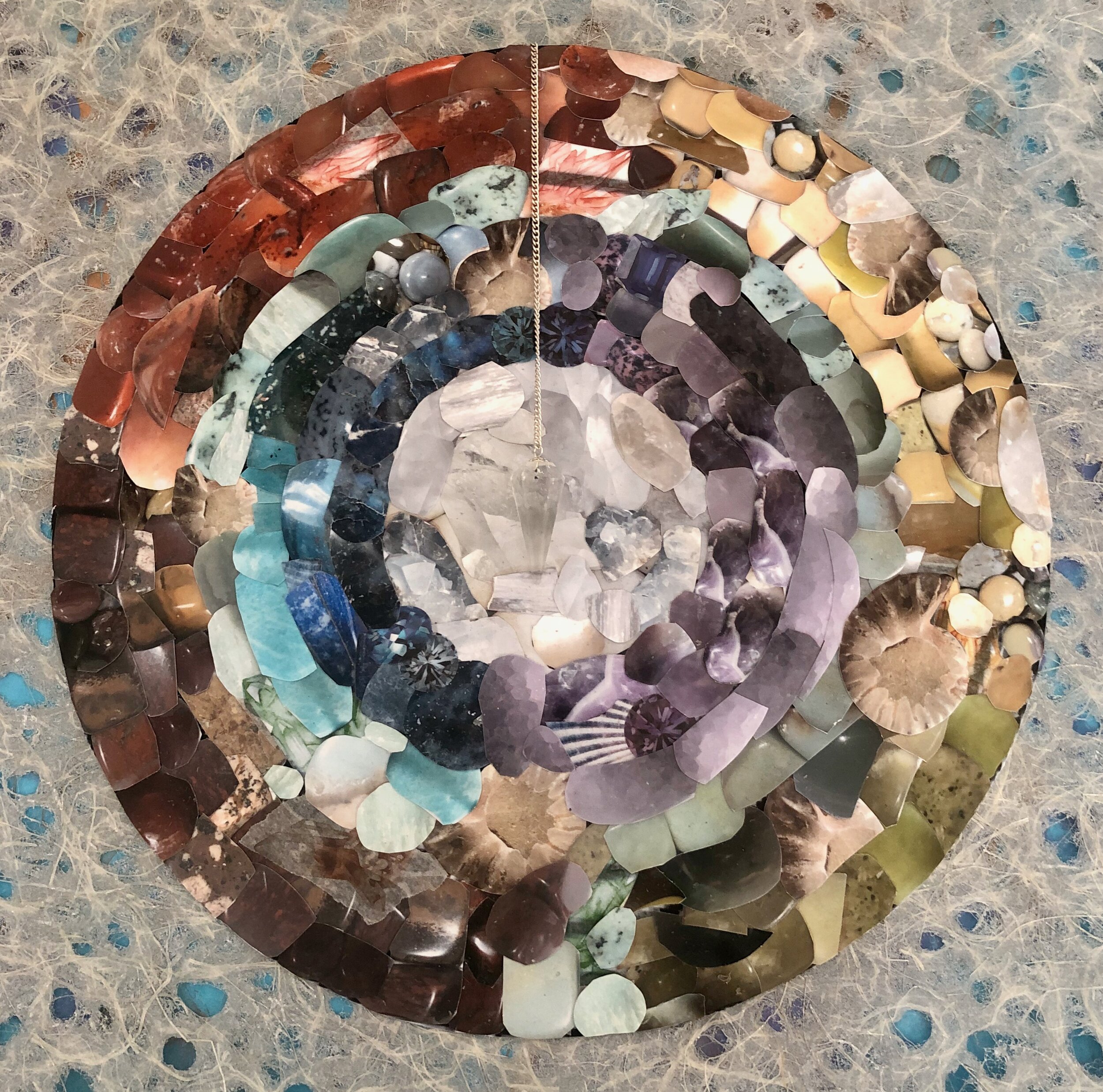 Labyrinth 14  Cut photos of gems, minerals, shells; washi tape; crystal pendulum   2019