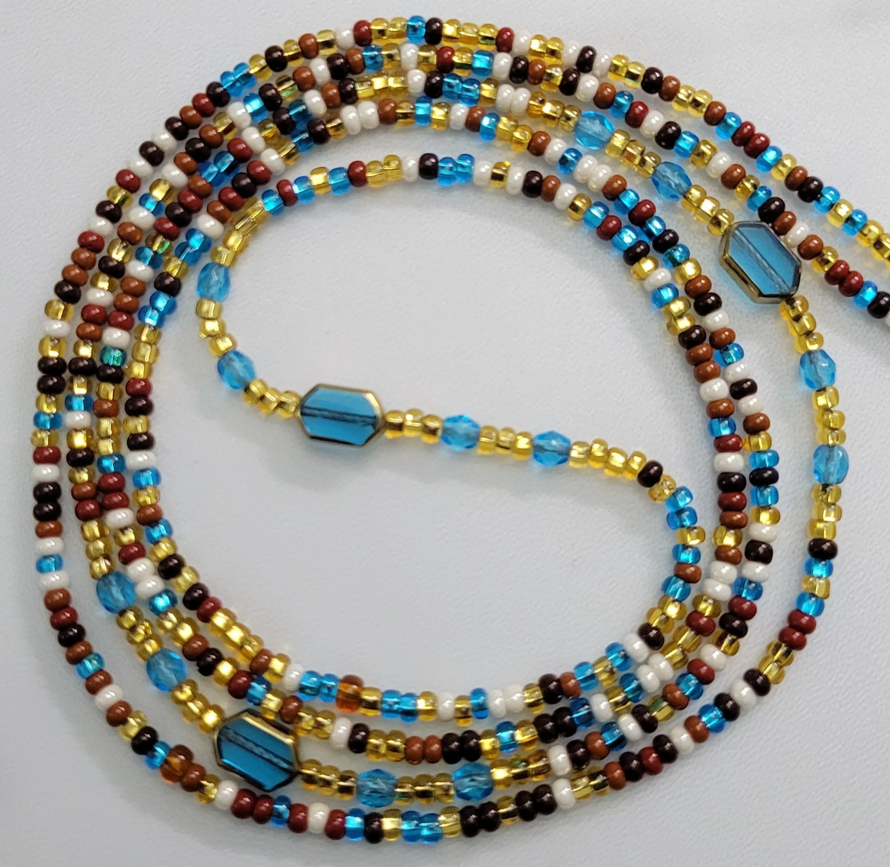 Gilded Sapphire Tie-On Waistbeads With Faceted Glass Crystals and Golden Edge Accent Beads