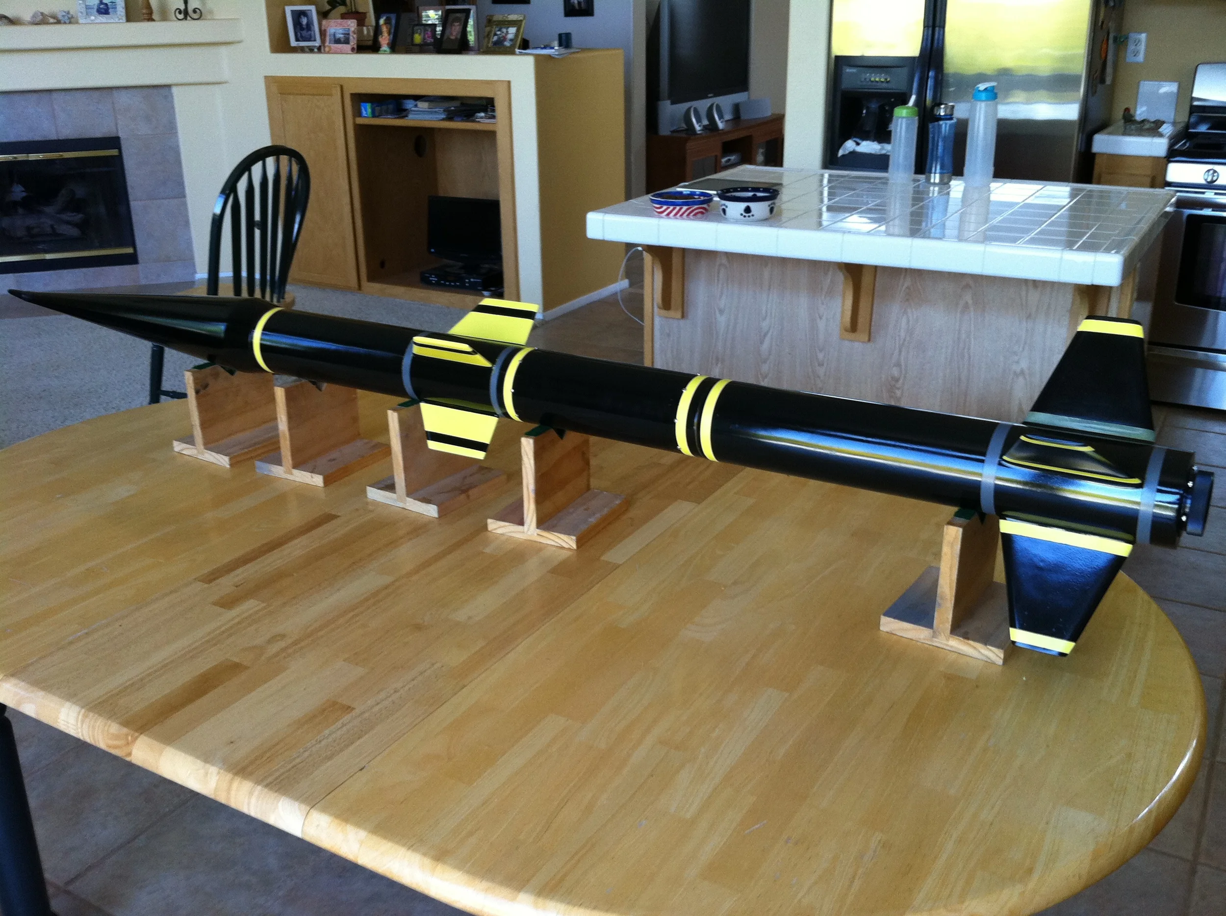  A multistage rocket I made to experiment with on-board camera lofting. The video from the onboard camera can be viewed here.&nbsp;  The sustainer is ignited via timer, which is triggered by a trip wire which breaks upon liftoff of the booster. For t