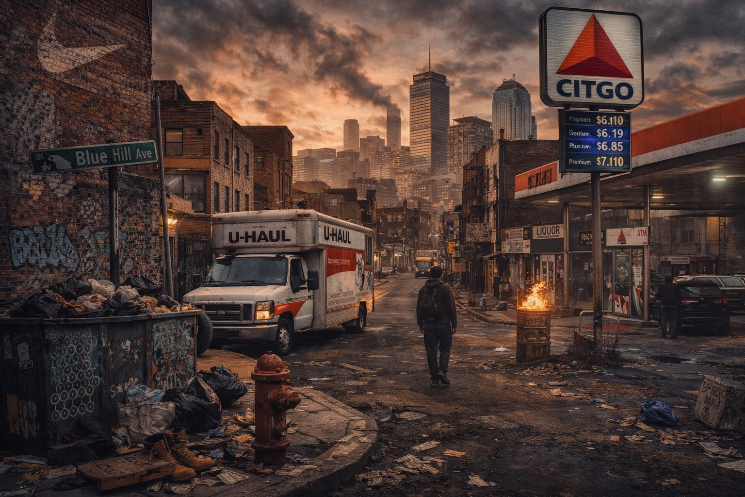 A city street scene at dusk with a U-Haul truck, a person walking, a trash can, and a fire in a barrel, with skyscrapers in the background and a gas station sign showing fuel prices.