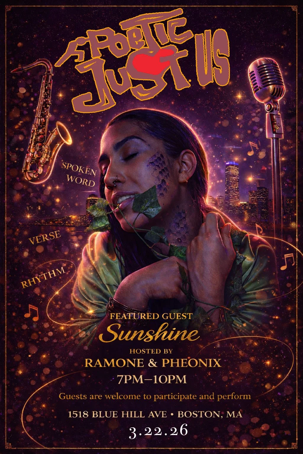 Event poster for 'Space Tusti', a spoken word and verse poetry night featuring Sunshine, hosted by Ramone & Pheonix, scheduled for March 22, 2026, at 1518 Blue Hill Ave, Boston, MA, from 7 PM to 10 PM, with a cosmic background, cityscape, microphone, saxophone, and musical notes.