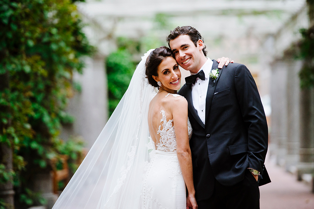 Bride and groom portrait in Post Office Square, Boston