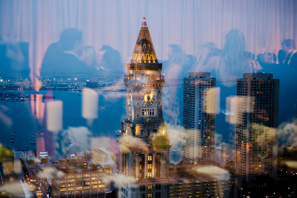 View of the clocktower from wedding at the State Room, Boston