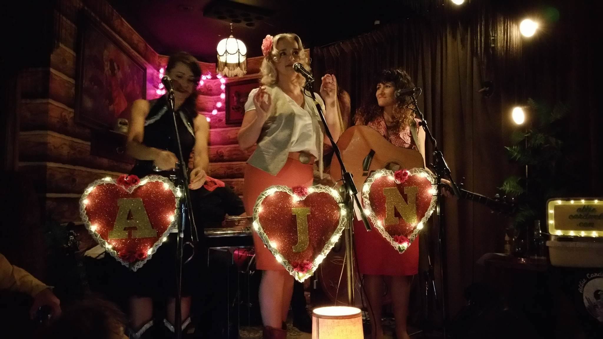 Abbie Cardwell, Jen Mize & Nicole Brophy at The Junk Bar in three part harmony for the Valentines Honkytonkin Heartbreaker Show 2016