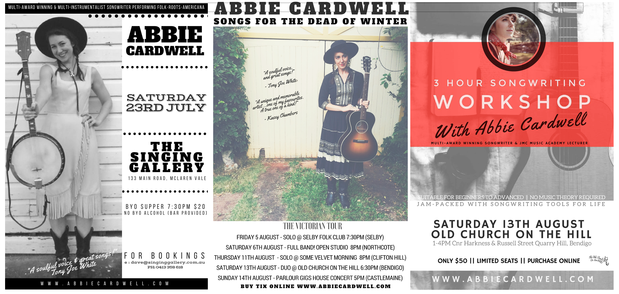A few more upcoming tour posters for SA, VIC plus even a Songwriting Workshop in Bendigo!
