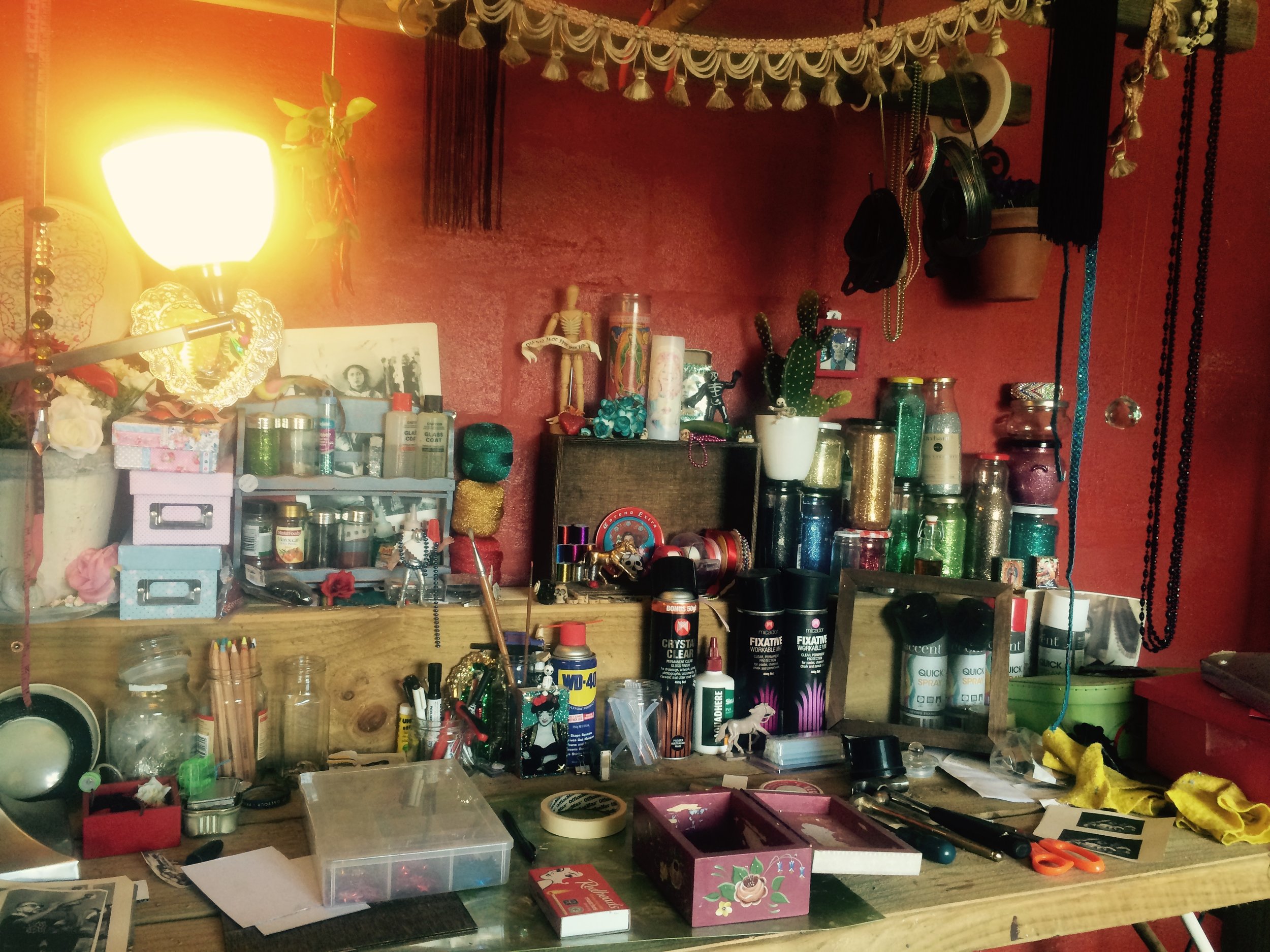 My art space for blessed creative MESS! This is where my years of Mexican trinkets and art supplies are transforming into the new album artwork. (Big thanks to my mum for generously allowing me to overtake her gardening shed for a while!)
