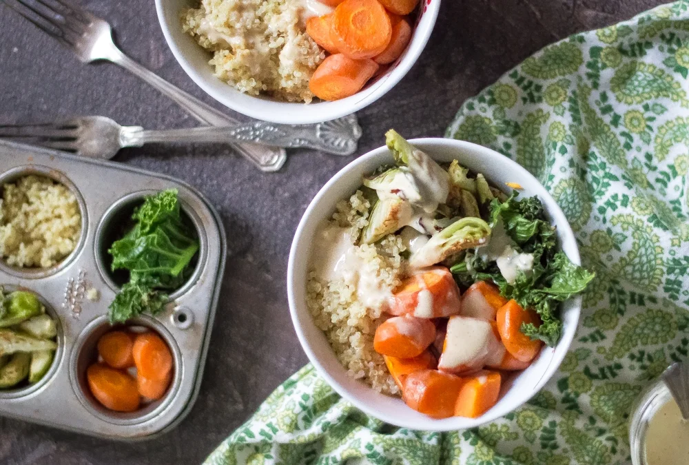 Roasted Veggie &amp; Quinoa Power Bowls with Creamy Peanut Sauce 
