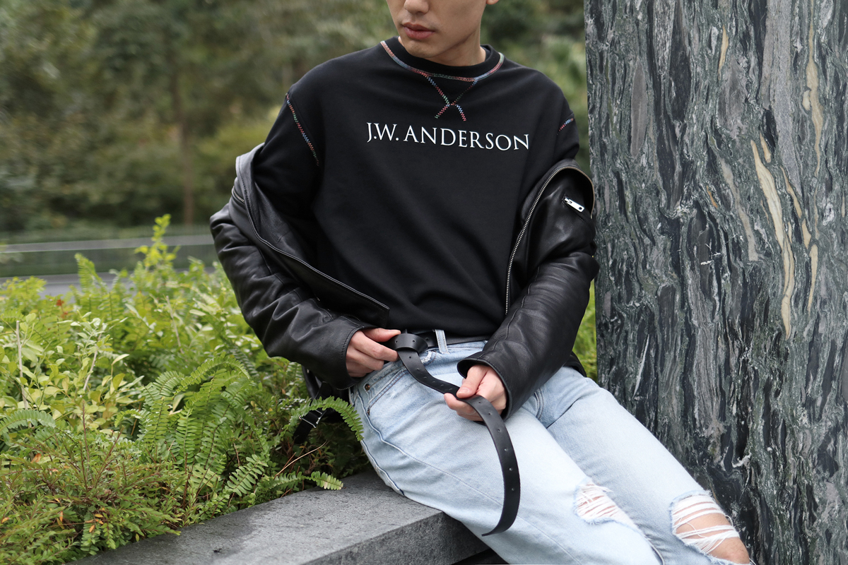 JW Anderson jumper, United Tokyo biker jacket, Levi’s jeans, Vans Old Skool