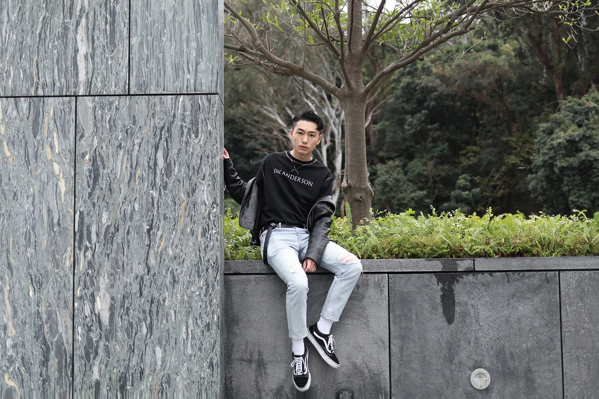 JW Anderson jumper, United Tokyo biker jacket, Levi’s jeans, Vans Old Skool