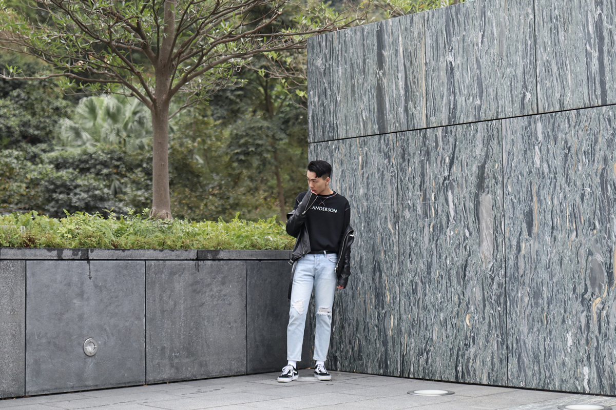 JW Anderson jumper, United Tokyo biker jacket, Levi’s jeans, Vans Old Skool