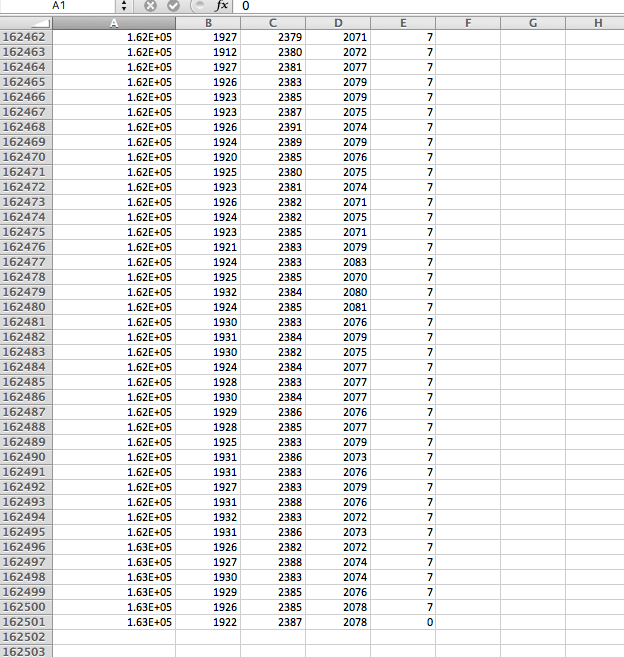 Accelerometer Data in Xcel: Sequence #, X Axis, Y Axis, Z Axis and Activity