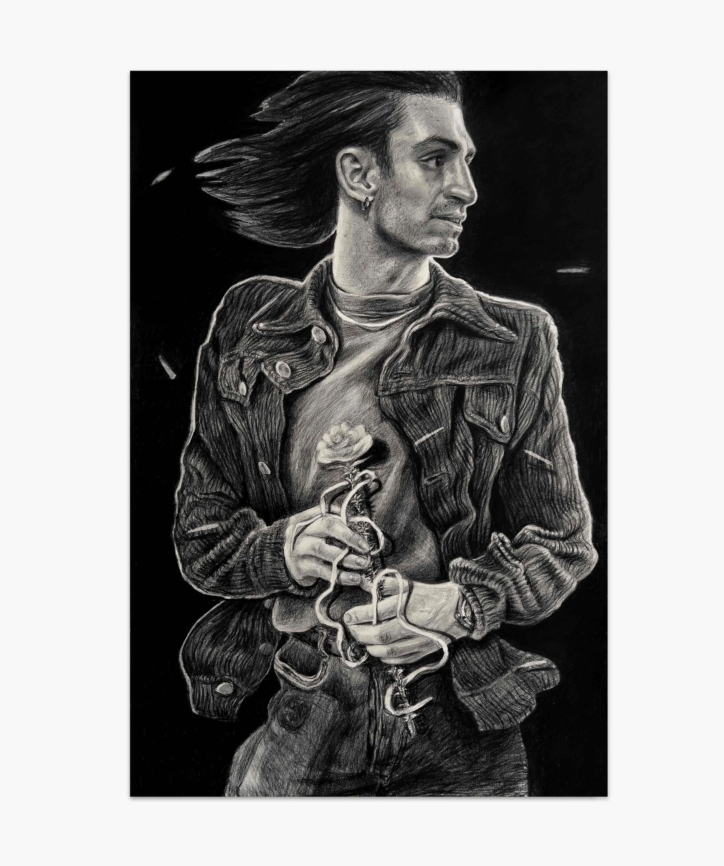 Turn around (2026), Pitt graphite and carbon pencil on paper, H 90 X w 59 cm