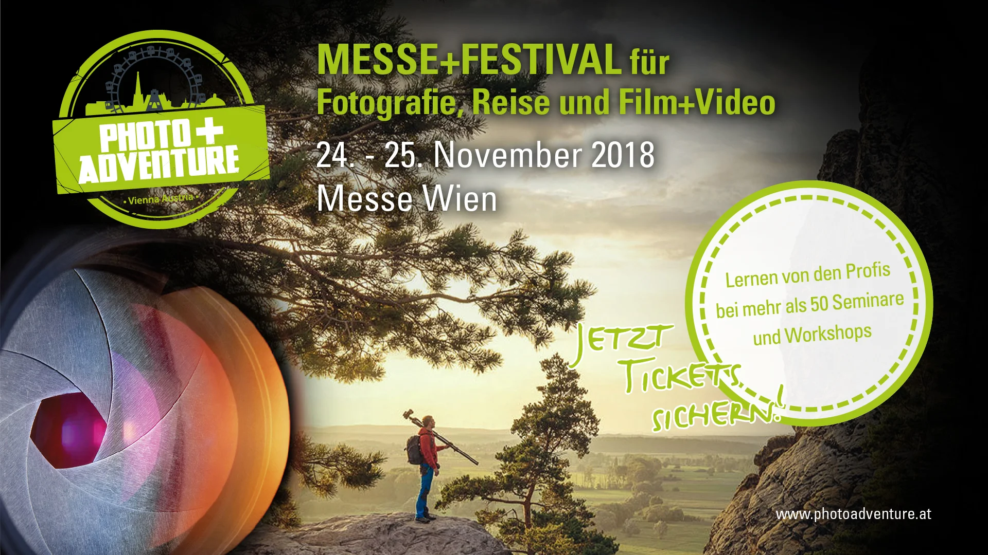 Photo+Adventure 2018 vom 24. – 25. November 2018, 09.00 – 18.00 Uhr Messe Wien. Das Messe+Festival mit dem perfekten Themenmix aus Fotografie, Reise und Outdoor.