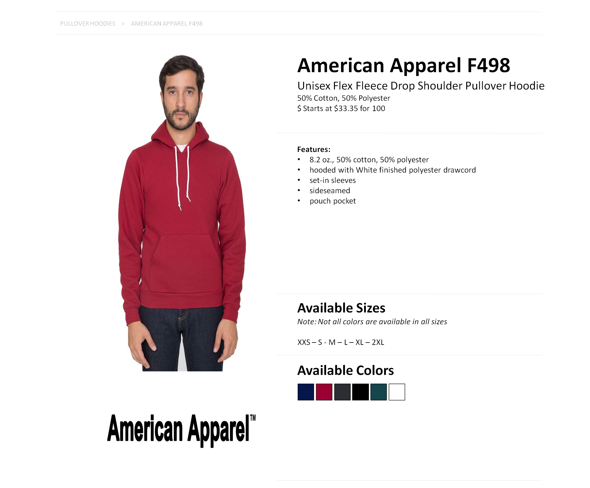 American Apparel Flex Fleece Zip Hoodie Size Chart