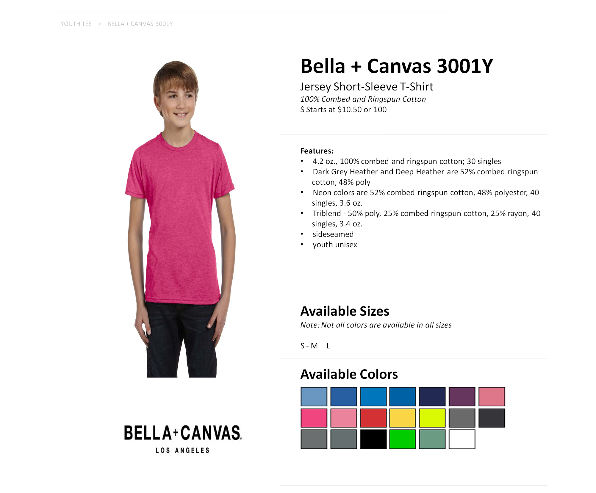 Bella Canvas 3001y Size Chart
