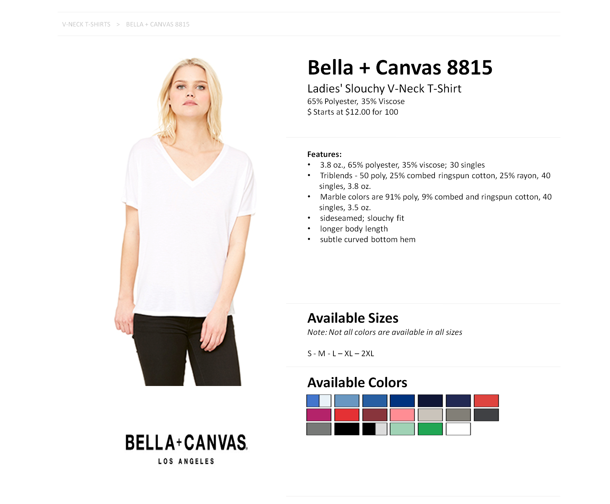 Bella Canvas V Neck Size Chart
