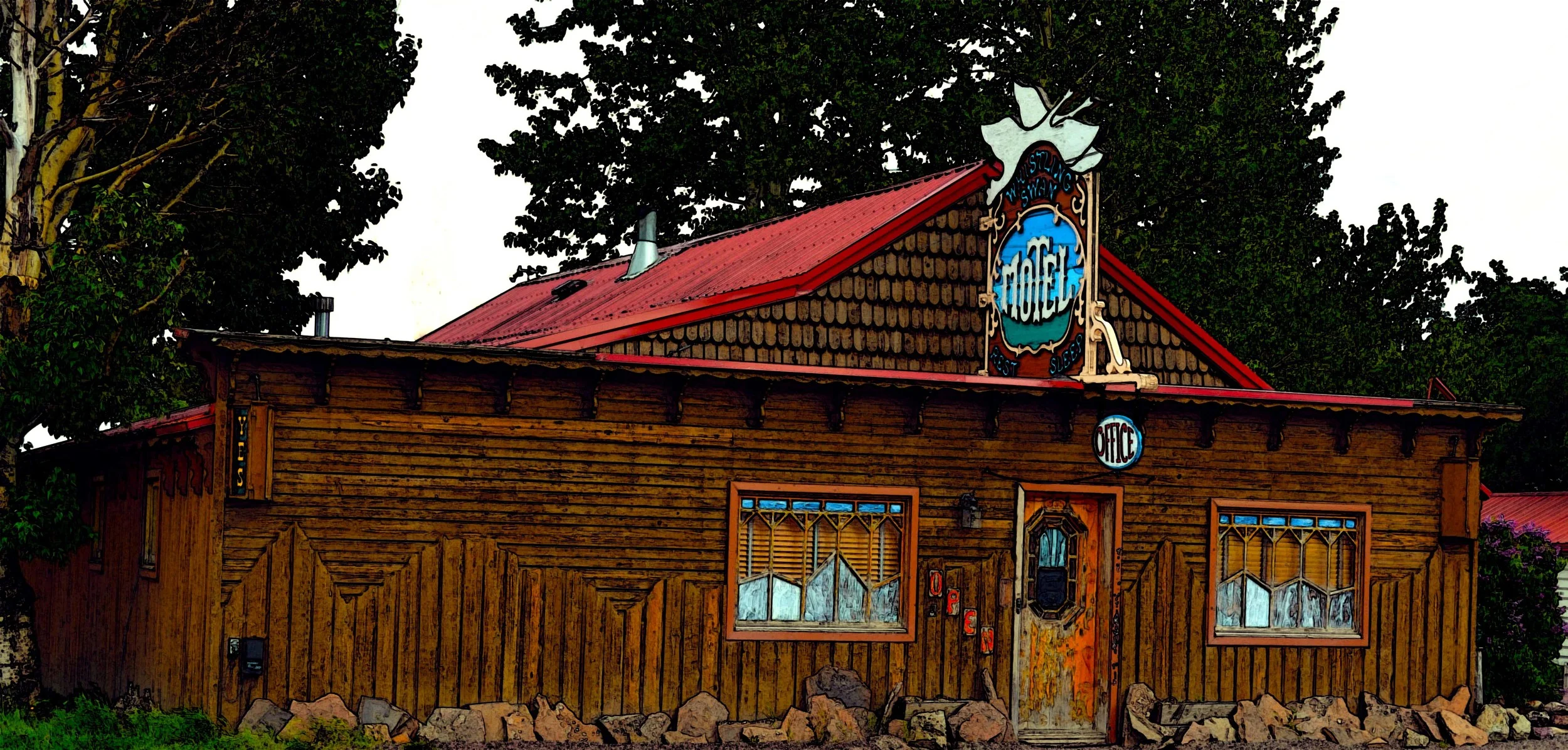 Our cozy, ten room motel. Art by William Roberts. Call 406-226-4412 to make your reservation.