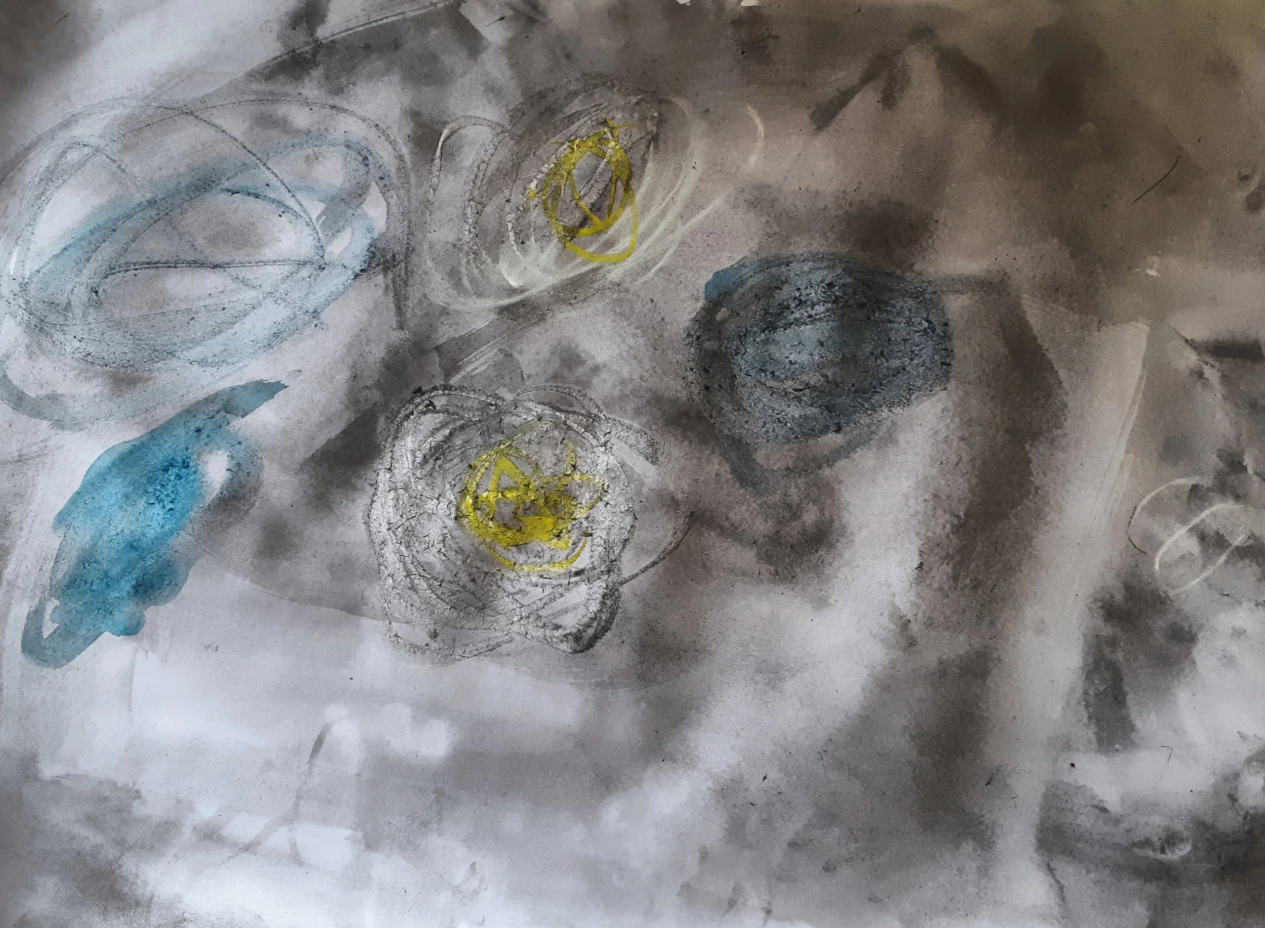 Albie age 5 (tempura block paints, soft pastels and used a sponge, fingers and brushes)