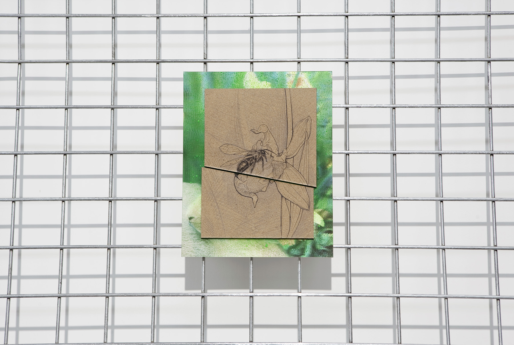   Involuntary Pseudocopulation on a Thin Involuntary Florescent Green Line , pencil, ink, spray paint, lenticular photography on board on metal fence, 228 x 122 cm, 2013 (created for a residency in Cyrus) 