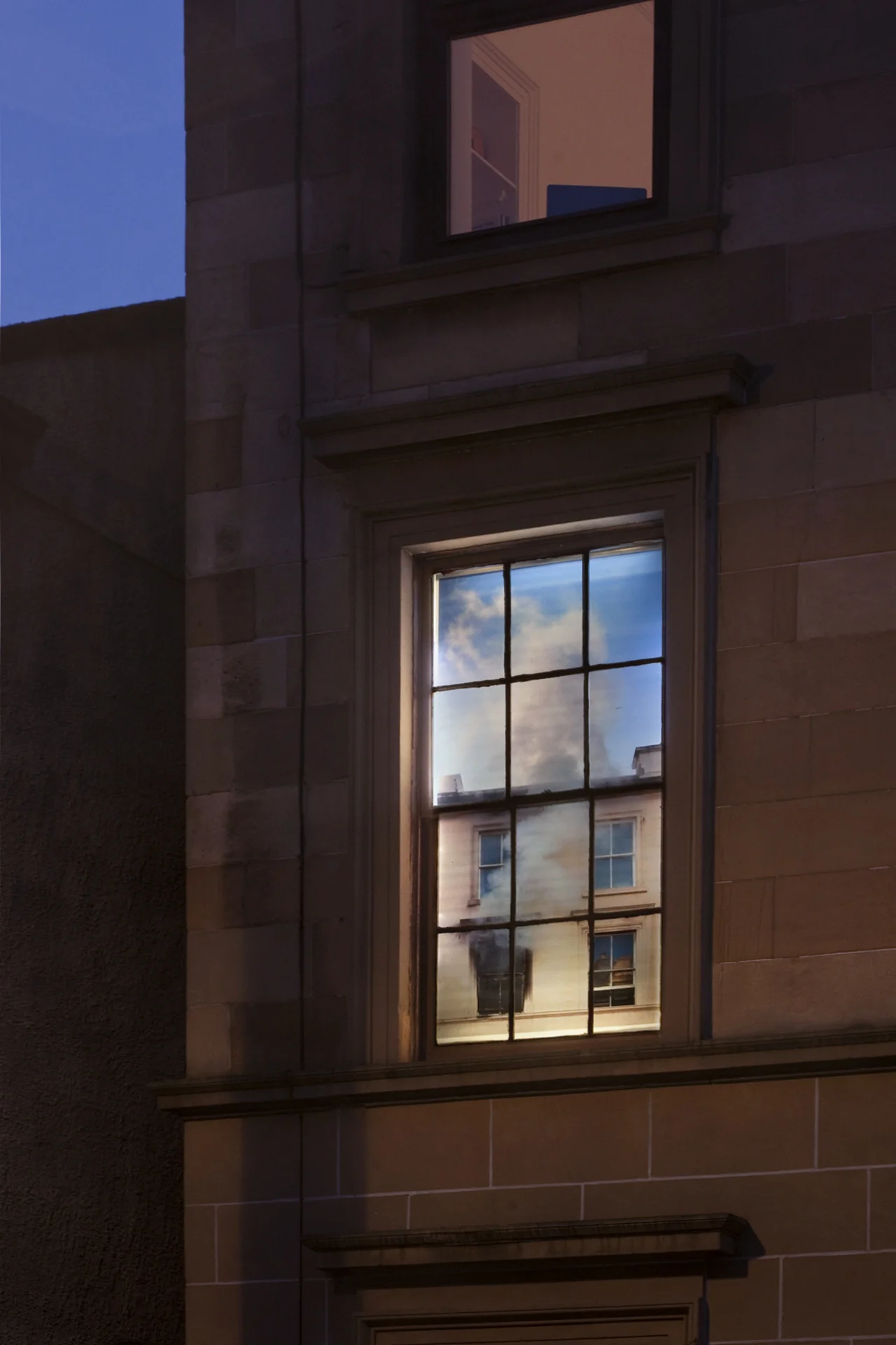 Tinderbox, 224x113cm, pigment on backlit film in window lightbox, 2012 Glasgow, also called the 'Tinderbox City'. This work was installed facing the street and only visible to the public outside the gallery space.