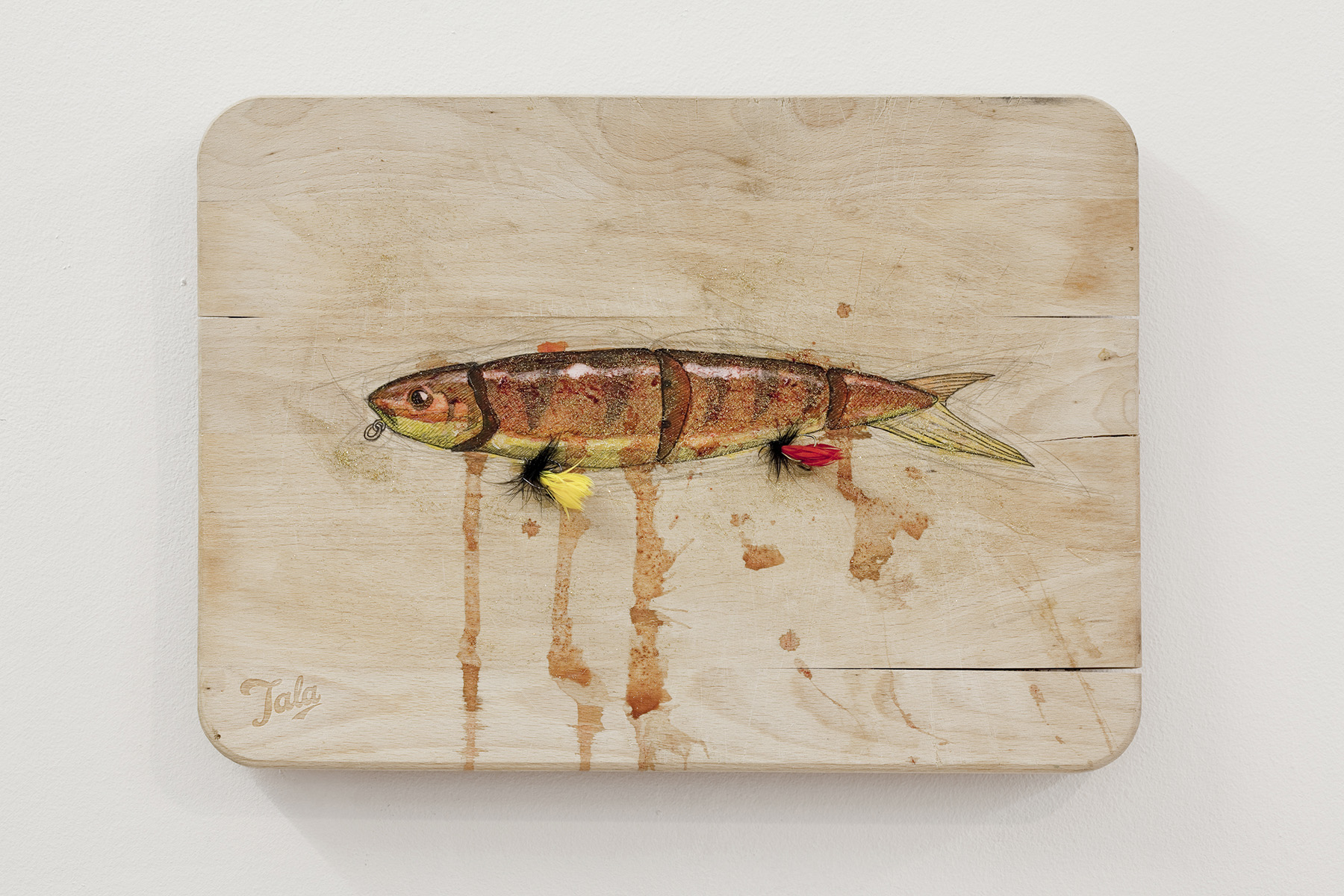 Fishing Lure: Golden Ambulance , 350x250mm, blood, pencil, ink, fishing hooks, glitters on used chopping board from the gallery, 2013