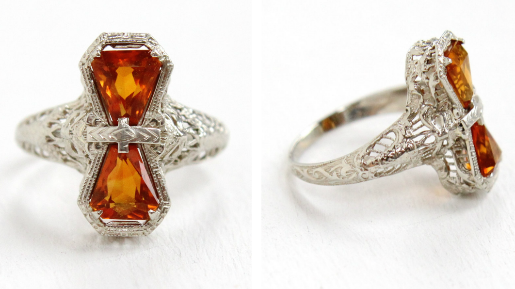 Art Deco 14k white gold citrine ring , with a gorgeous filigree setting