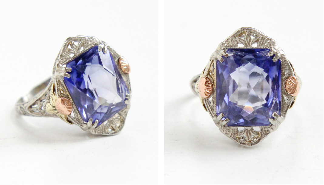Art Deco 14k gold created sapphire ring , with yellow & rose gold accents